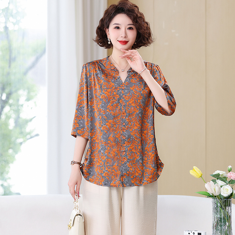 加大码中老年女装妈妈装T恤带纽扣衬衫七分袖夏季宽松小衫上衣