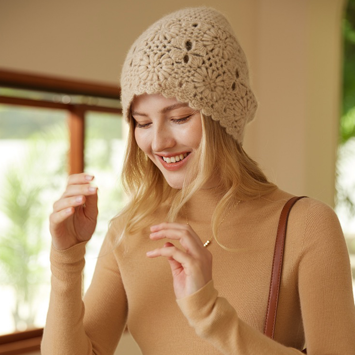 纯山羊绒手工钩花镂空针织百搭加厚保暖包头冷帽时尚rs515帽子