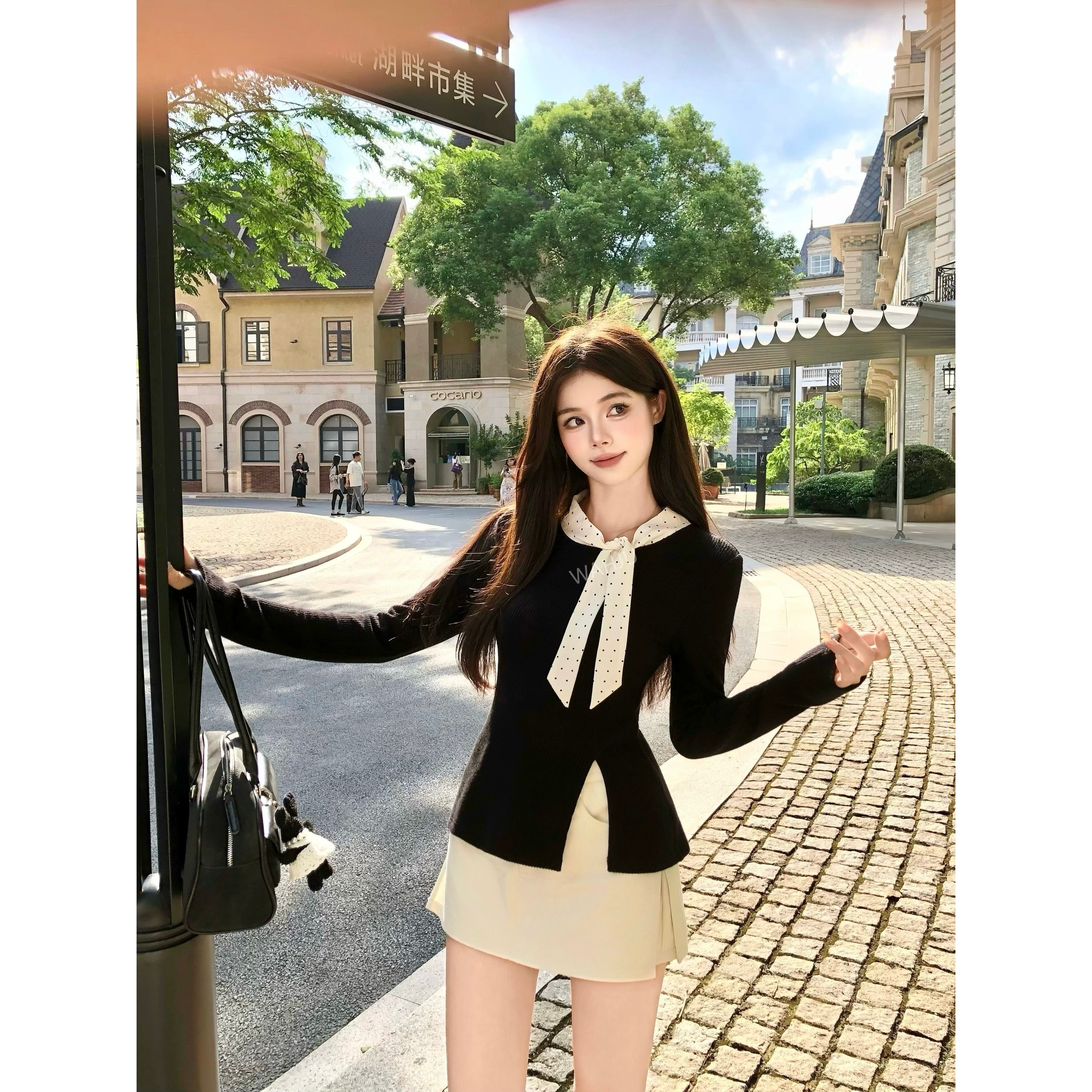 画解WAHJU【英区慢生活】早秋飘带设计波点拼接黑色上衣裙裤9797W