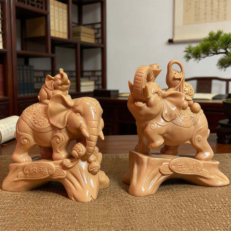 富贵红小象一对办公桌电视柜装饰家用石象博古架茶台玄关开业摆件