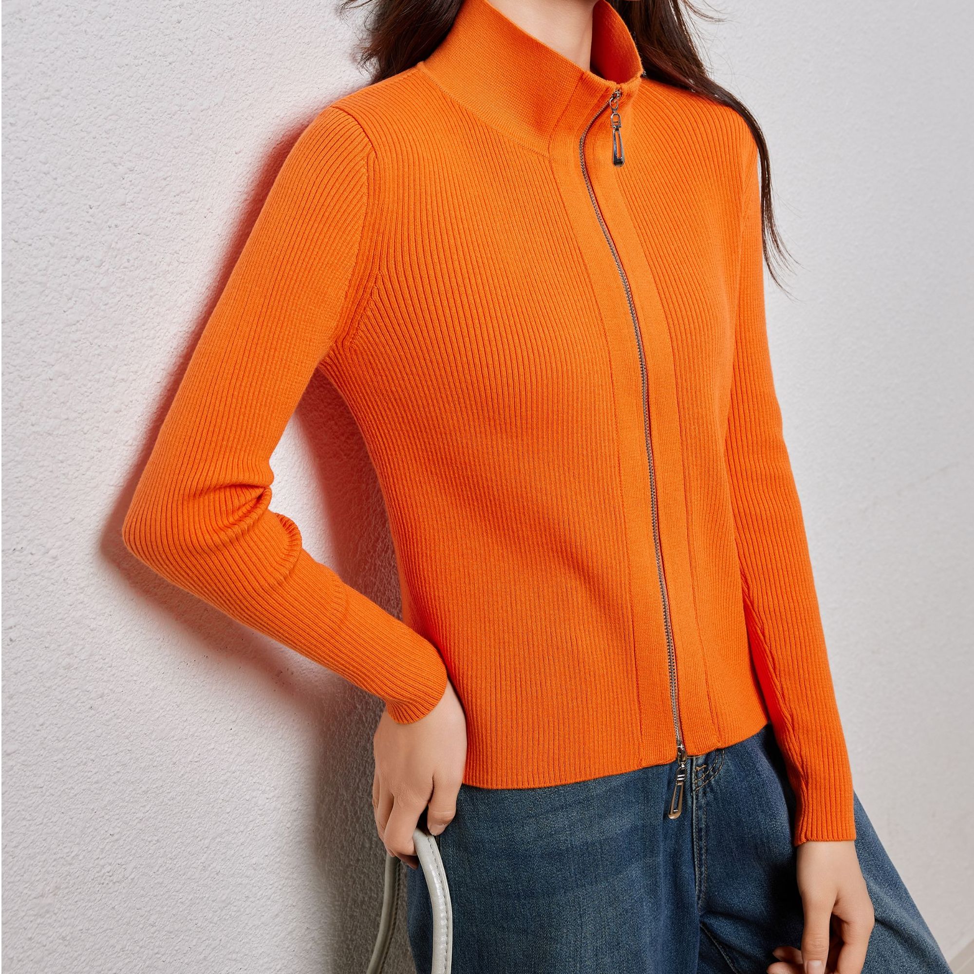 （外搭+内穿）女秋冬修身半高领双头拉链开衫针织毛衣外套（无口袋）