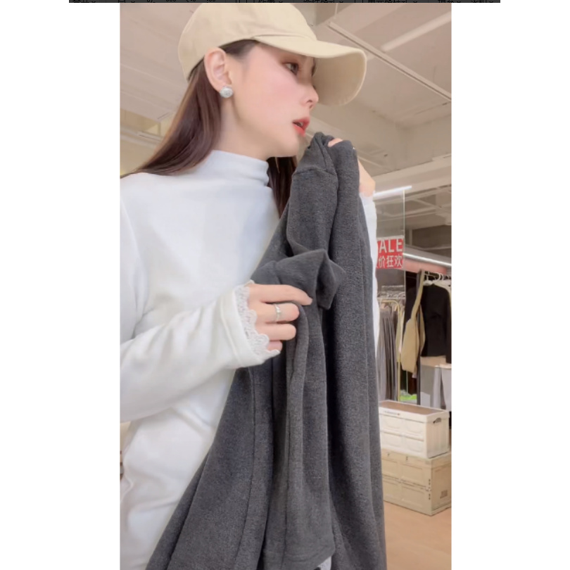 新款蕾丝袖磨毛半高领新款显瘦百搭休闲时尚内搭T恤