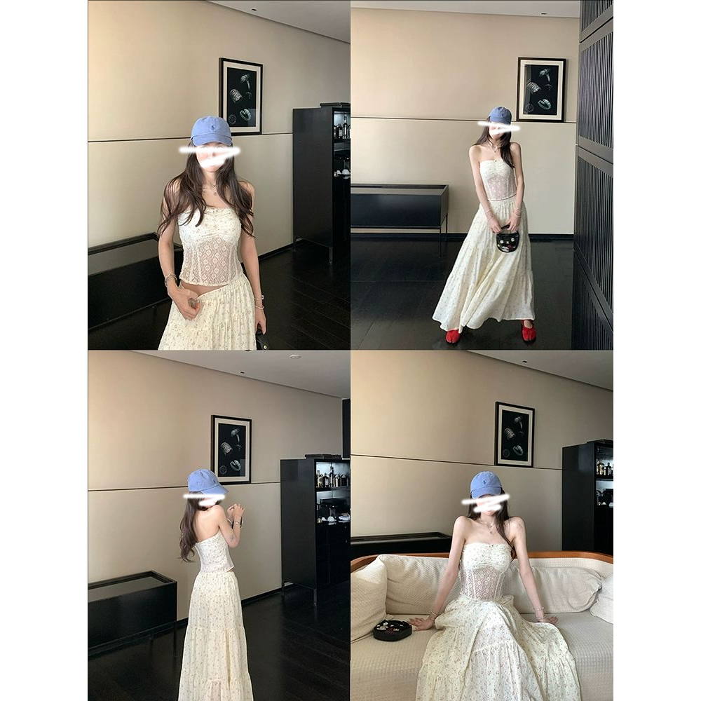花漾爱神 度假风甜美碎花蕾丝鱼骨抹胸上衣+碎花半身长裙套装女