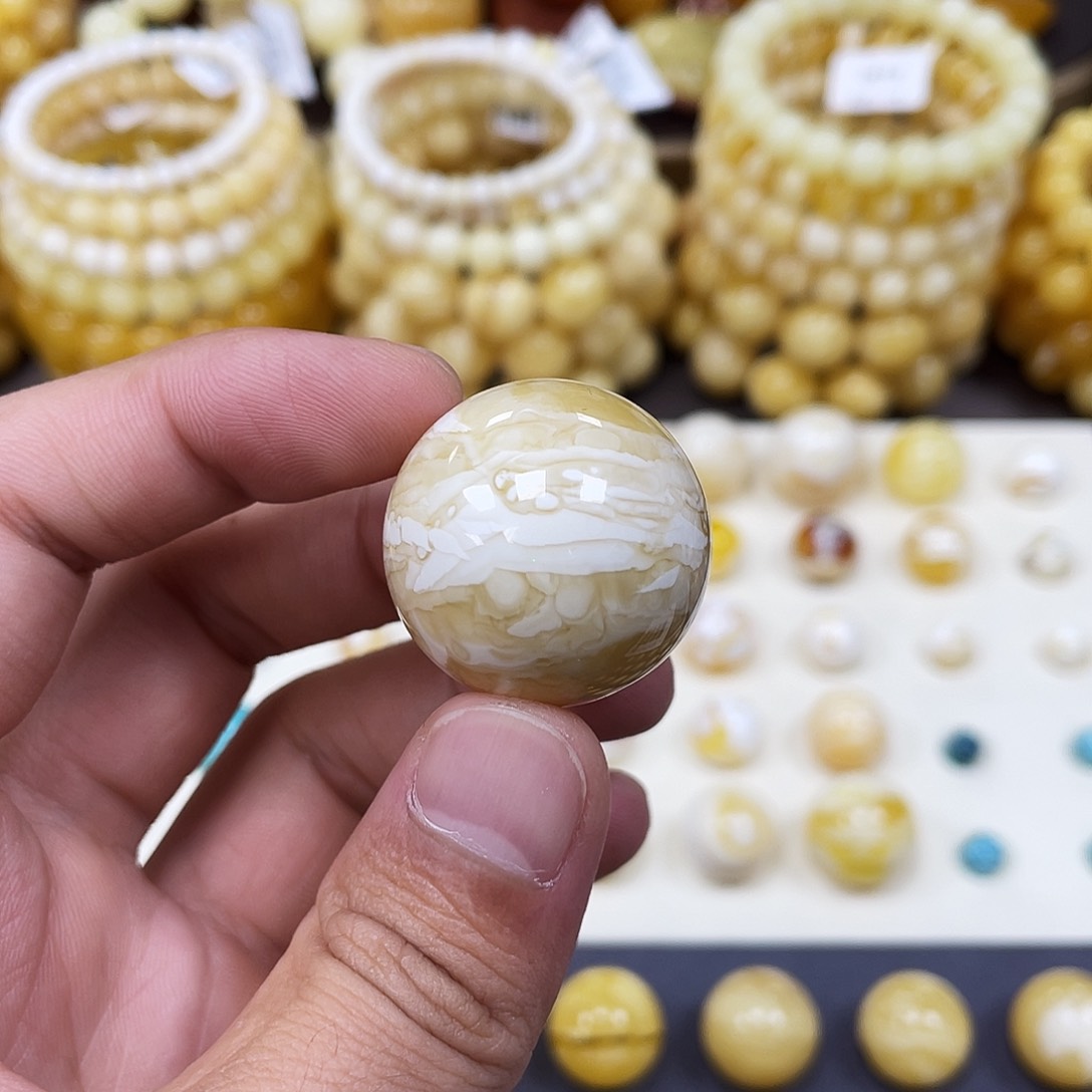 未镶嵌蜜蜡珠宝奇石27.8mm瓷白虎皮蜡｜打孔不予退货·圆珠