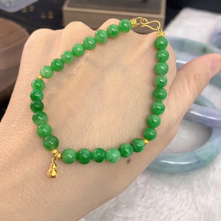 翡翠18K金镶嵌手串阳绿色手串5.5左右