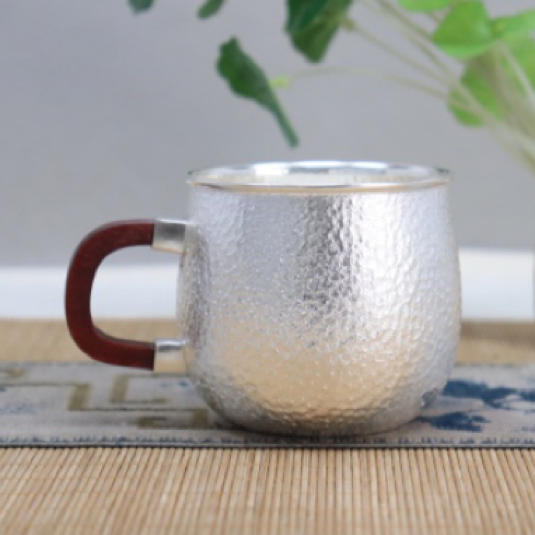 足银手工锤纹多用途茶道喝水泡茶马克杯石纹木柄茶杯