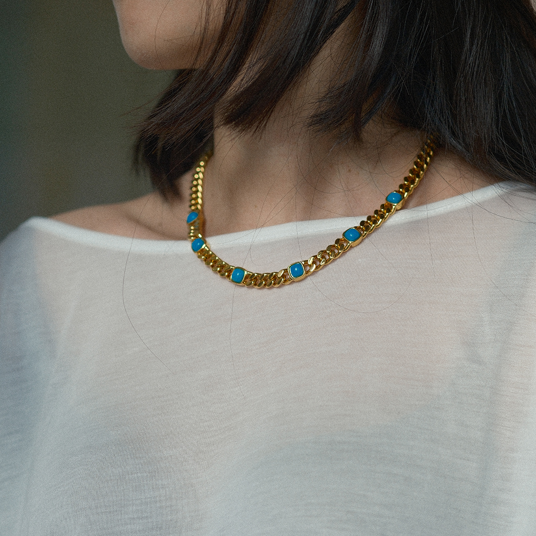 伊芙琳电黑金工艺黄金时尚百搭古巴绿松松石镶嵌项链男女通戴