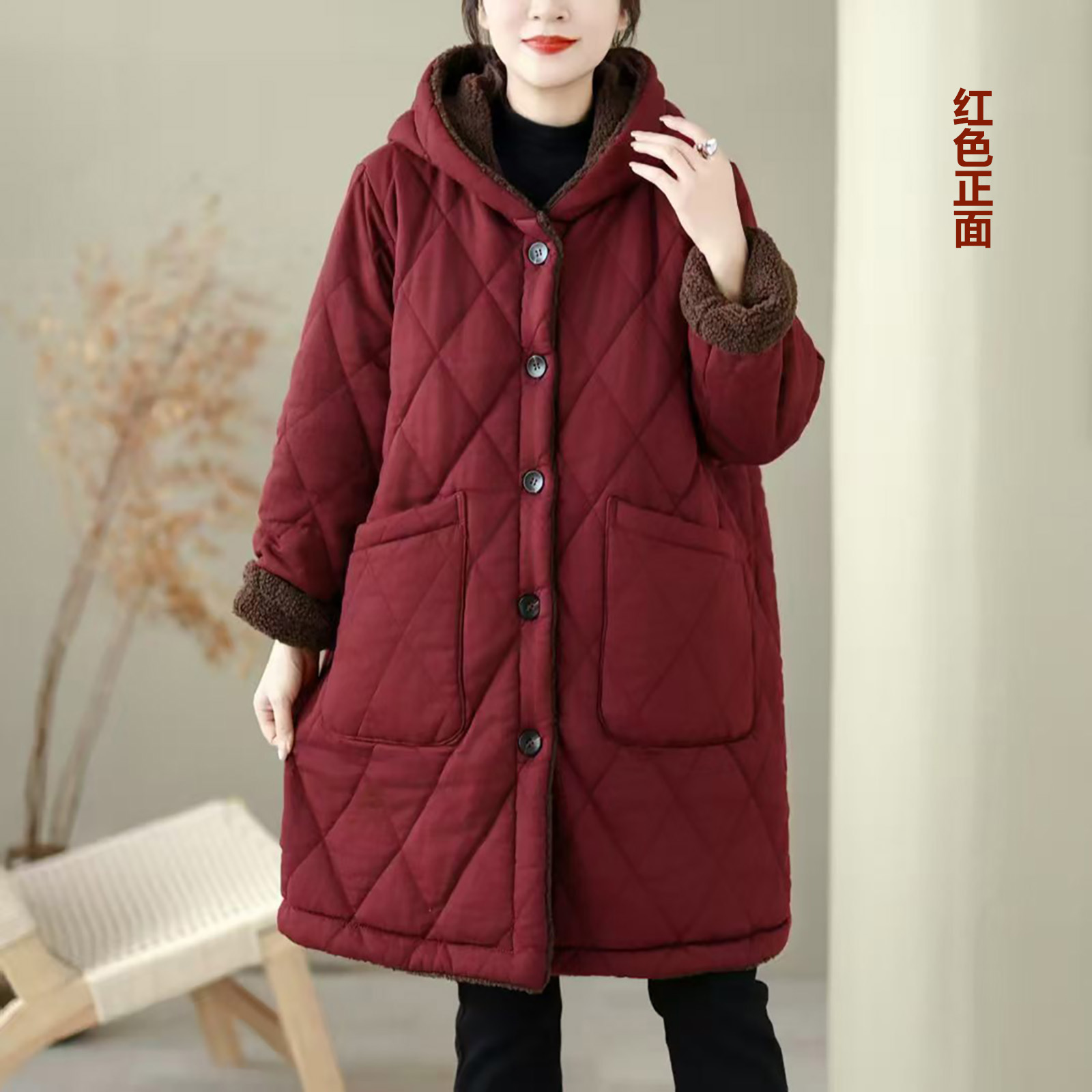 冬季女士双面穿中长款加厚连帽棉衣纯色大口袋显瘦A字棉服外套Q77