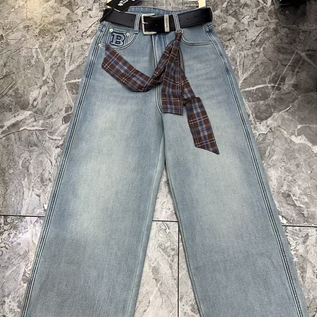 【88135】丹宁蓝高腰加绒显瘦阔腿牛仔裤直筒