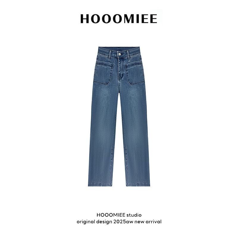 Hooomiee经典复古蓝色设计师高腰女士牛仔裤CQ0413
