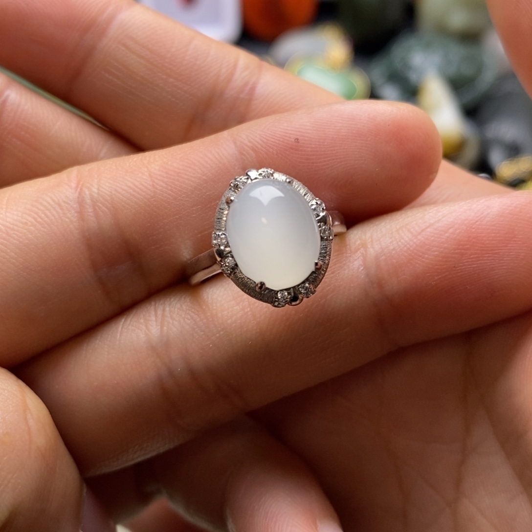 和田玉银S925镶嵌珠宝半成品圈口14