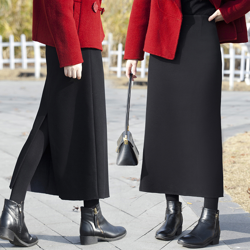 醋酸羊毛半身裙秋冬高腰显瘦气质黑色时尚中长款后开叉春秋直筒裙