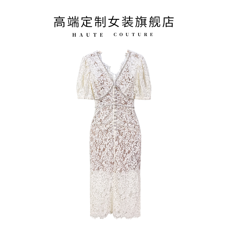 【筱翊定制】法式复古宫廷风高定轻奢蕾丝钩花V领钉钻显瘦连衣裙