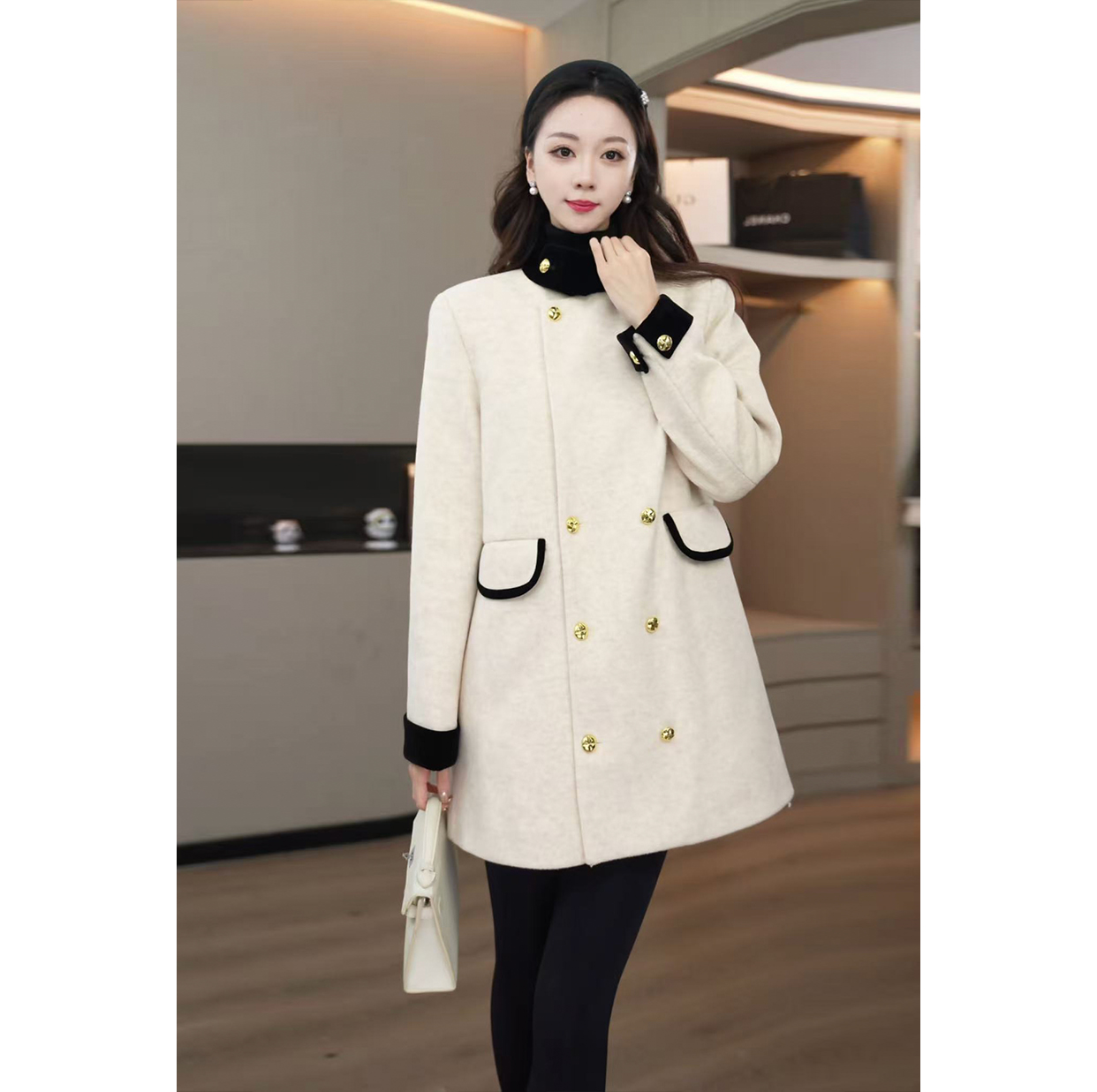 秋冬加厚羽绒双排扣毛呢中长款外套女名媛风直筒显瘦小个子大衣