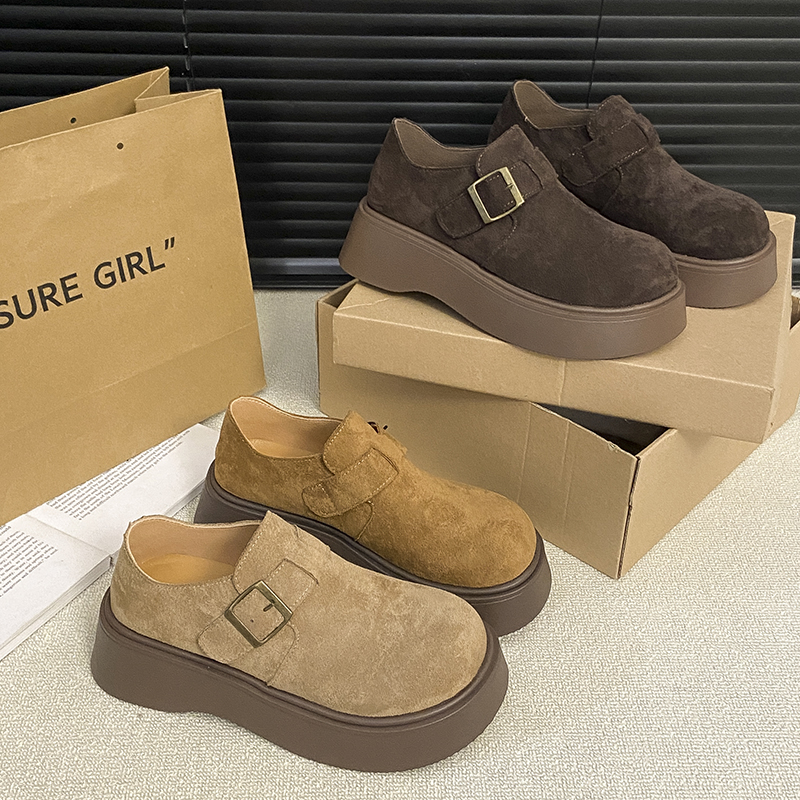 秋冬软底厚底休闲百搭时尚风圆头中跟乐福鞋复皮鞋韩版春季秋季