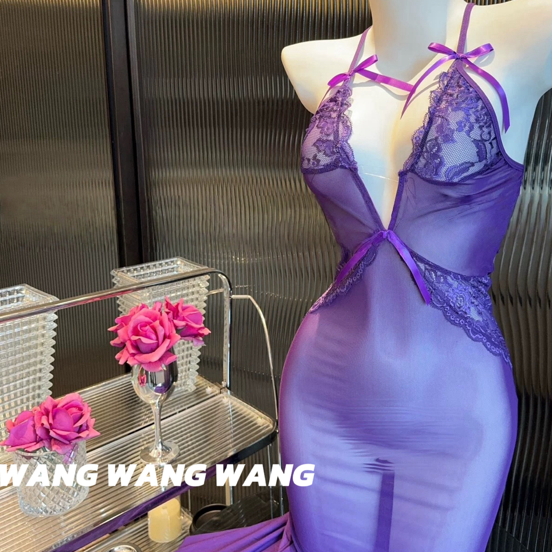 [WANG]高瘦必备款*女式性感修身露背蕾丝透明长款睡裙
