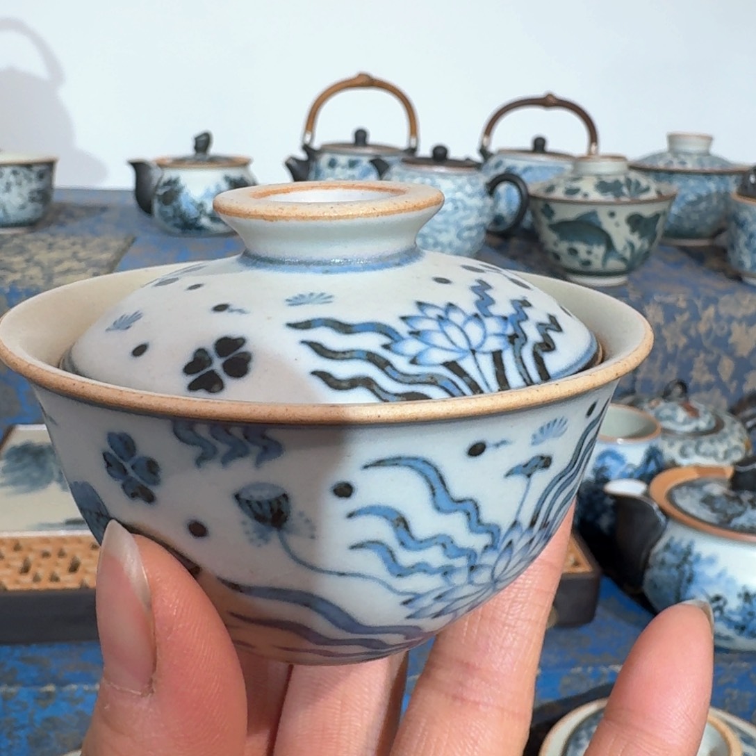 福利款朴云鱼藻小元宝盖碗