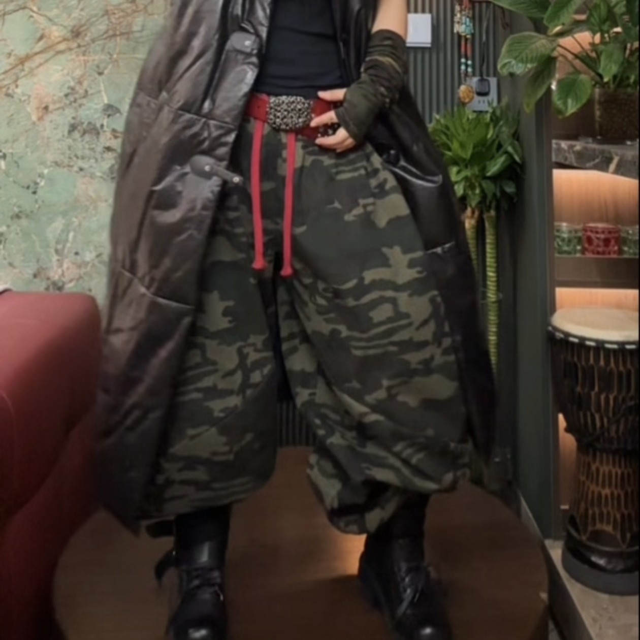 新款定制肥腿加绒迷彩抽绳裤