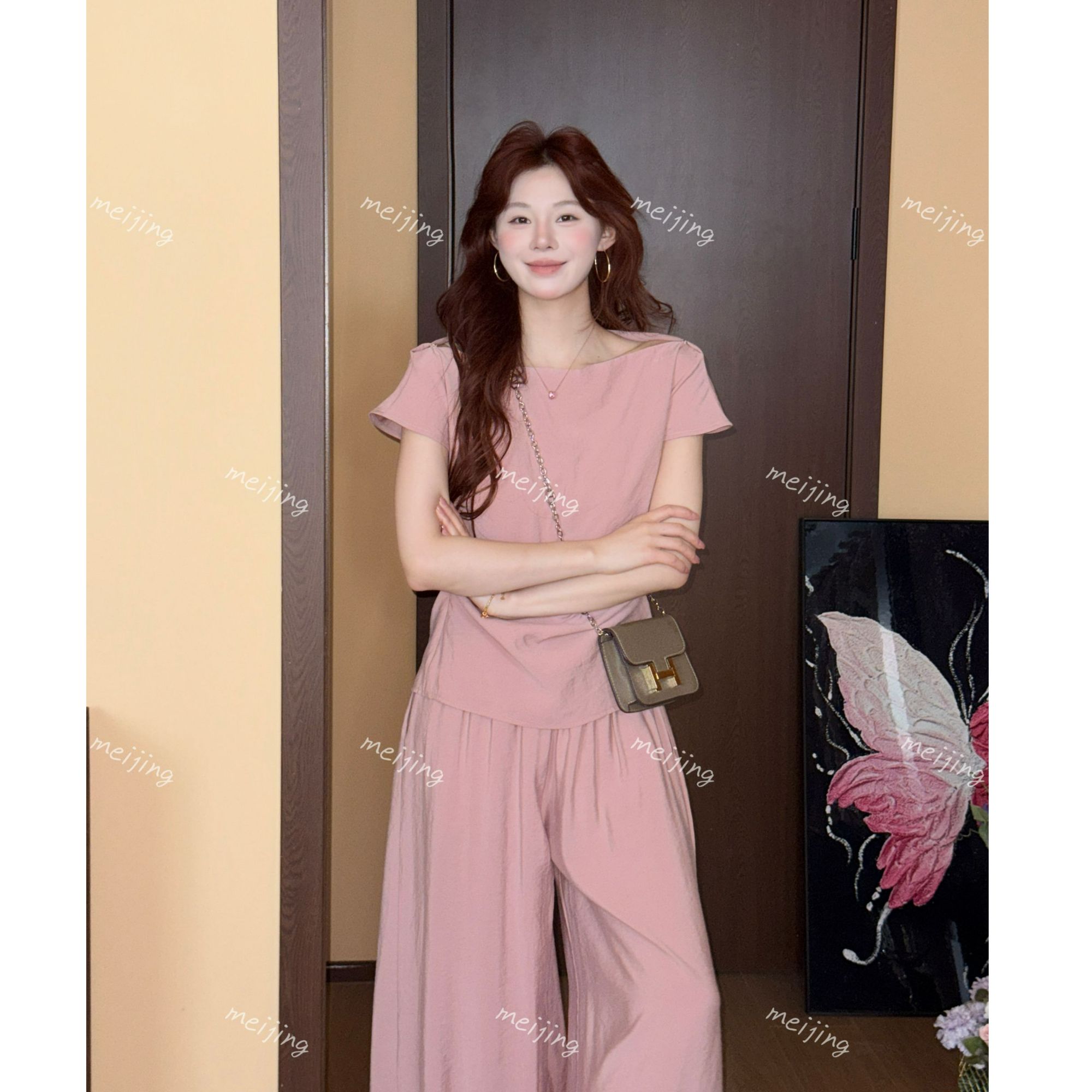 1【人棉】休闲气质显瘦美静粉色套装 减龄宽松上衣裤子 XMZH8129