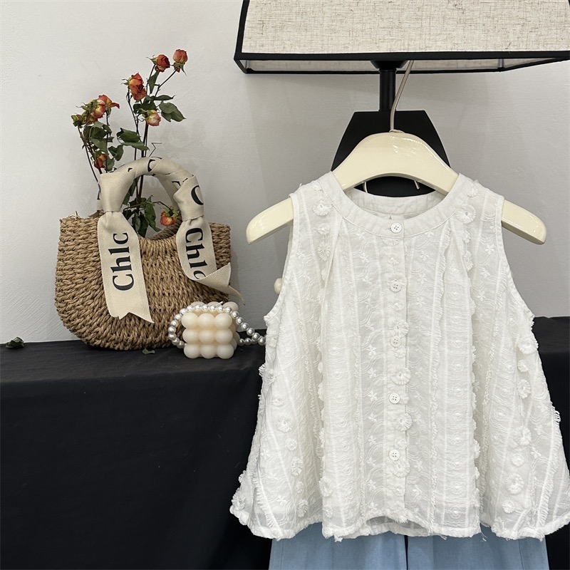 现货【浪漫满屋】儿童无袖宽松夏季女童衬衣设计感花边刺绣女孩上衣