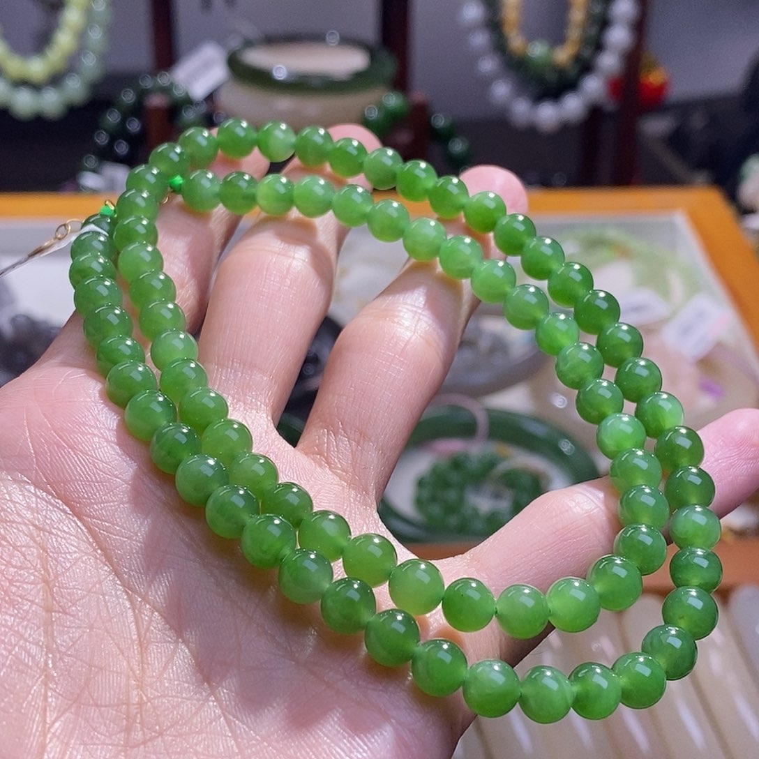 和田玉碧玉金镶项链6MM未镶嵌