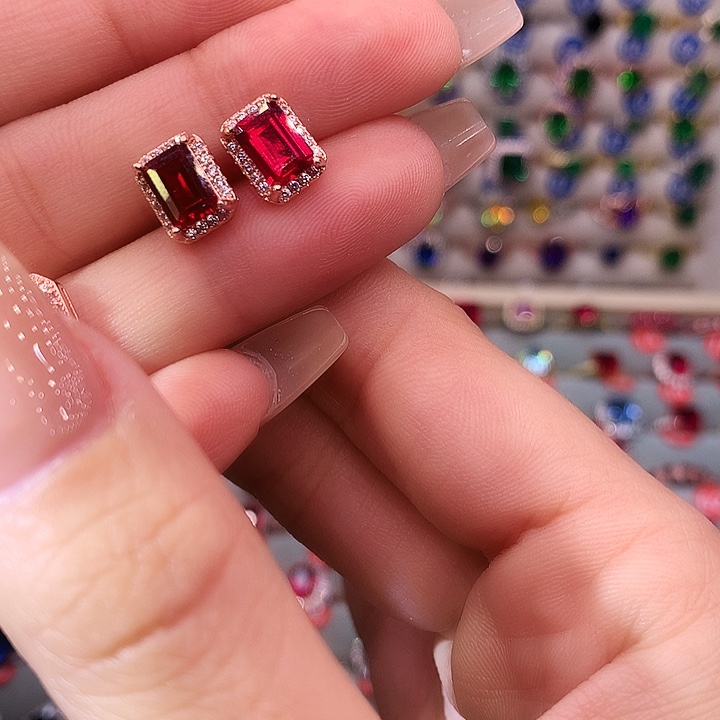 红宝石耳饰银S925镶嵌