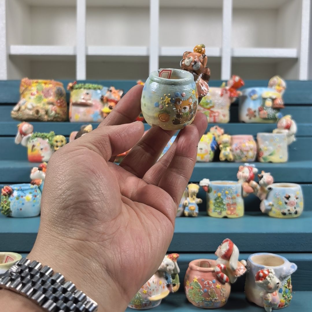 橙汁小浣熊 手绘多肉花盆