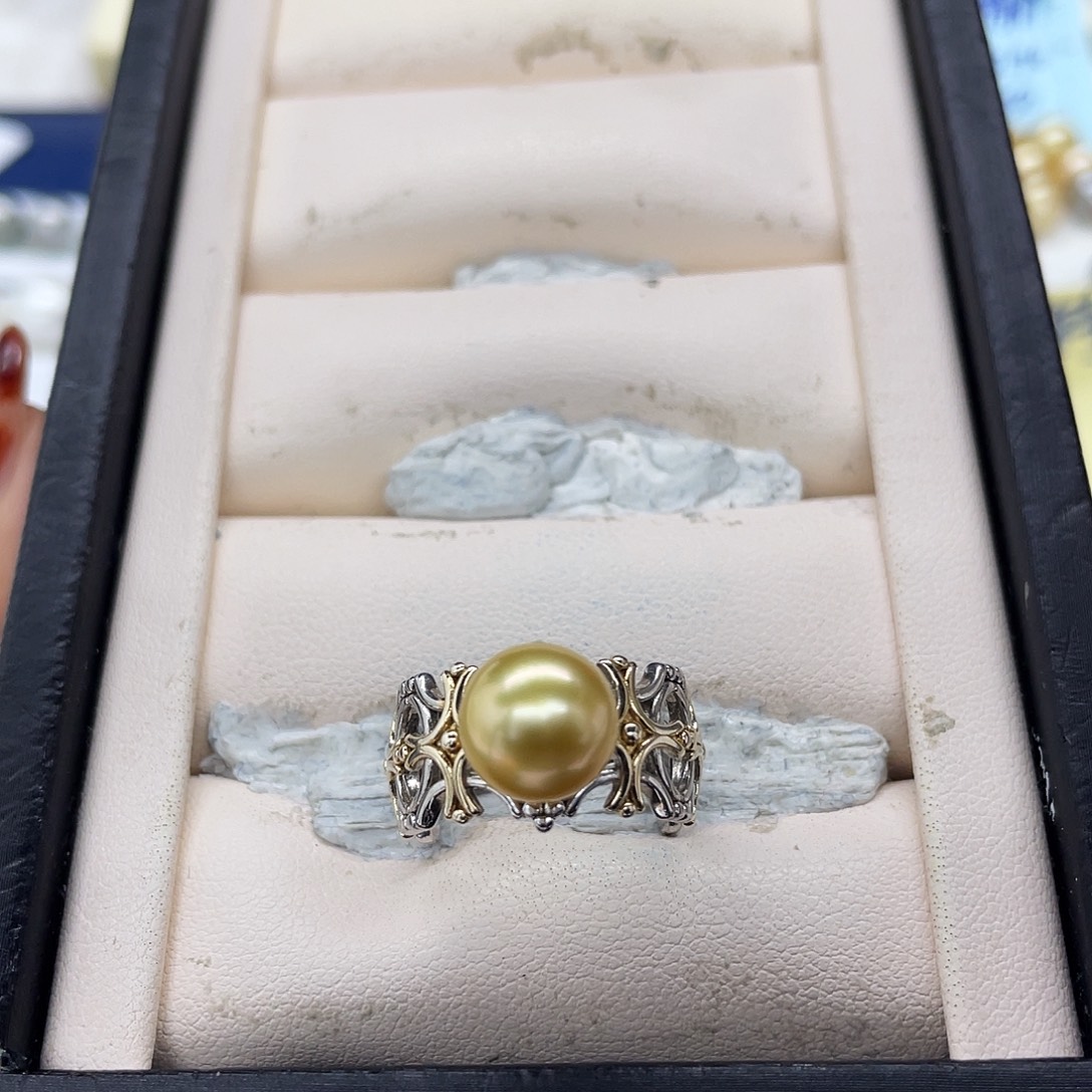 银S925镶嵌戒指海水珍珠金珠浓金戒指