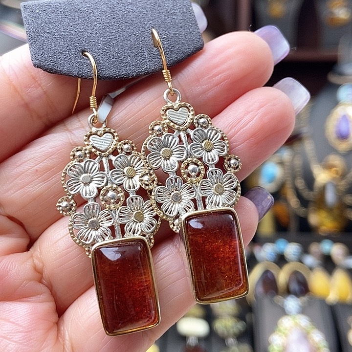 琥珀耳饰银S925镶嵌耳环