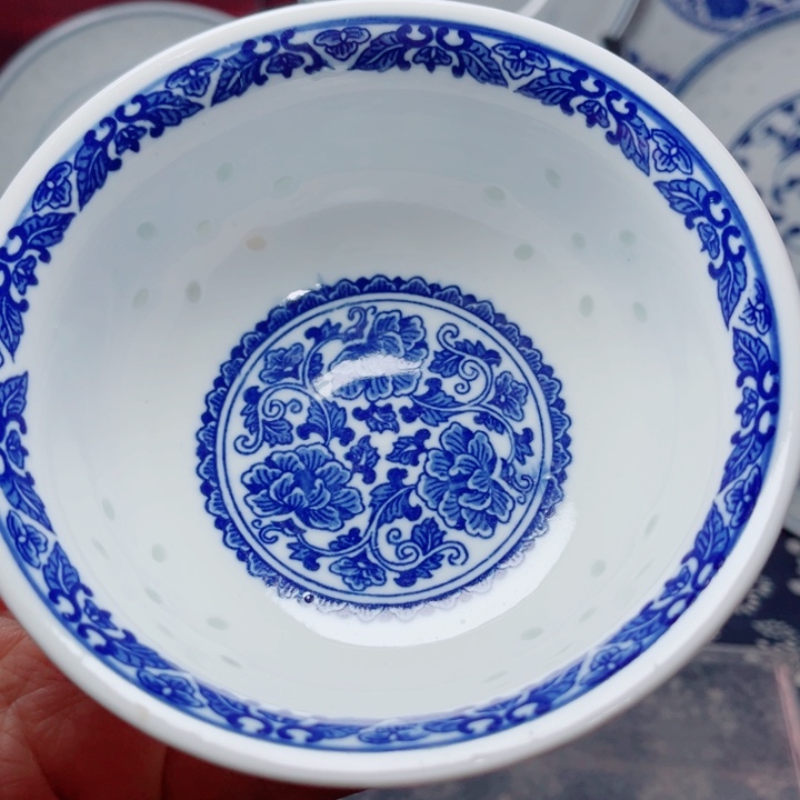 青花玲珑5寸饭碗牡丹花