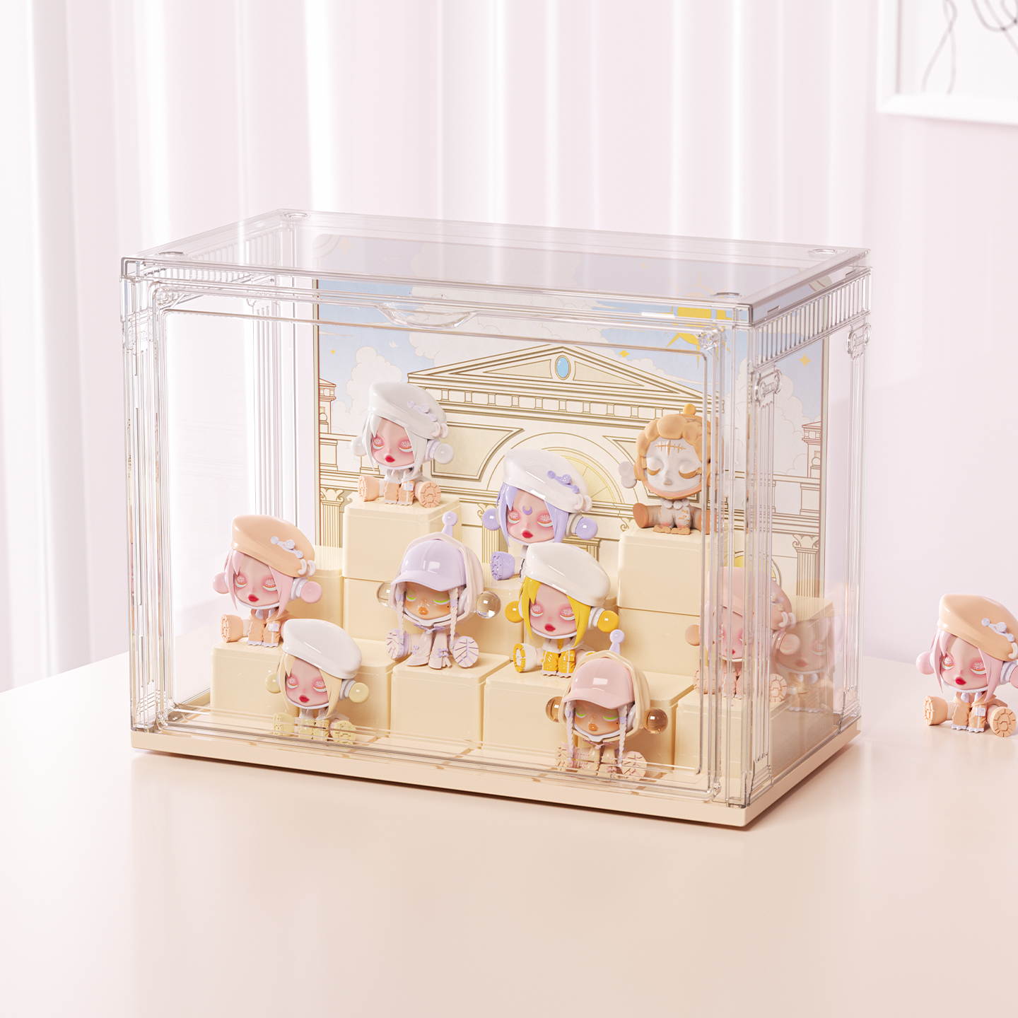 盲盒展示盒潮玩手办模型摆件阶梯架摆柜透明造景积木舞台防尘盒
