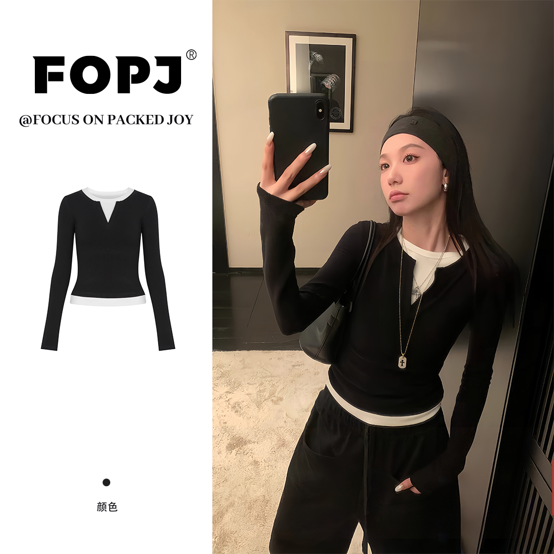 FOPJ春秋季新款假两件内搭修身长袖t恤女显瘦辣妹休闲打底衫上衣