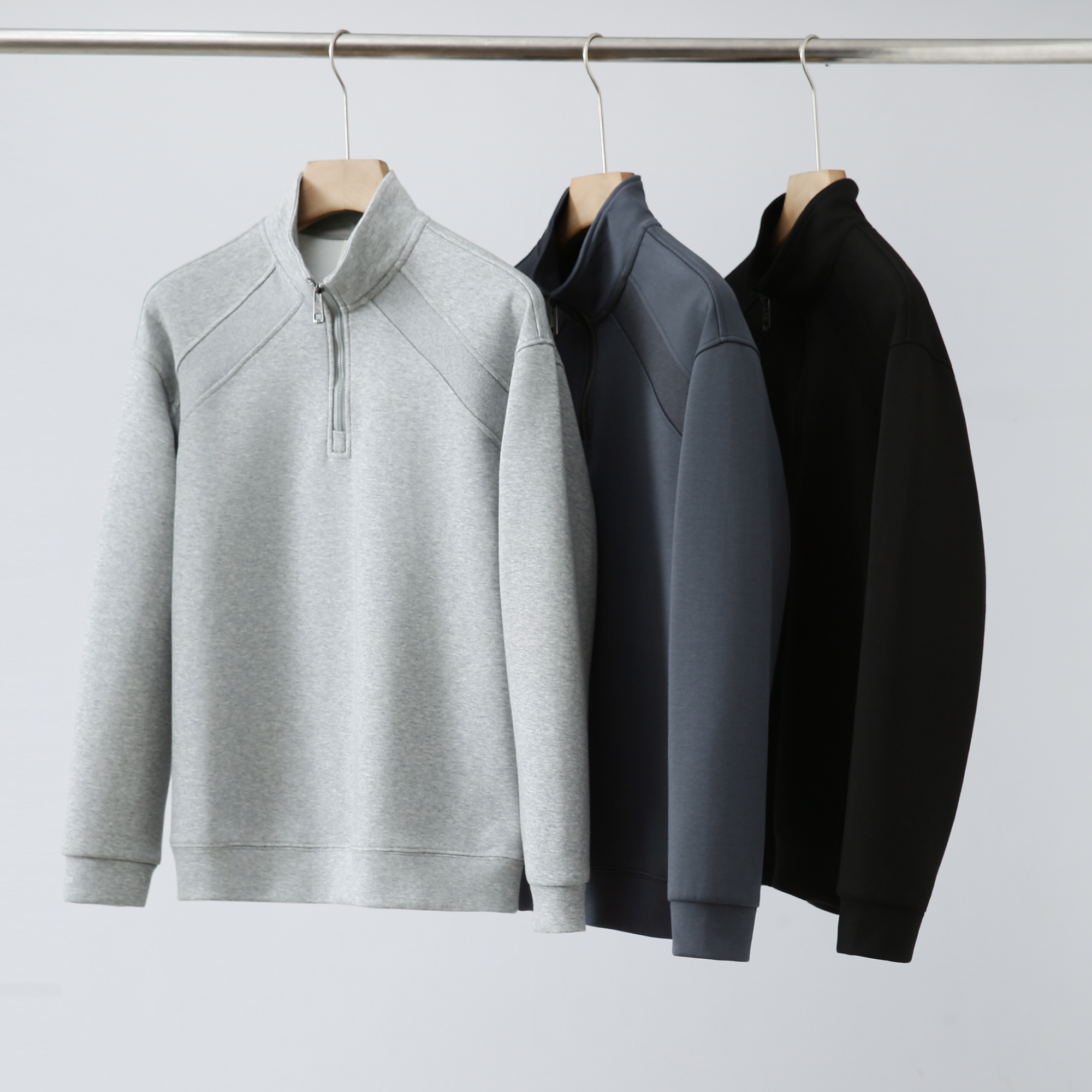 男装新款长袖立领纯色拼接拉链秋冬卫衣宽松半拉链运动打底衫外套