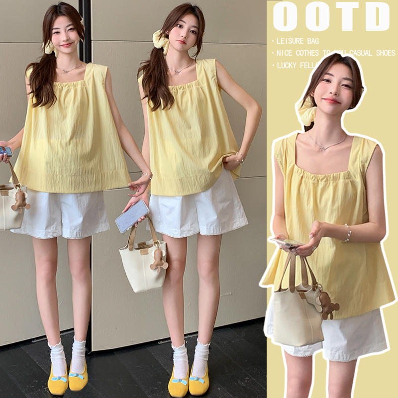 孕妇套装韩版方领气质百搭无袖背心孕妇上衣女+休闲外穿孕妇短裤