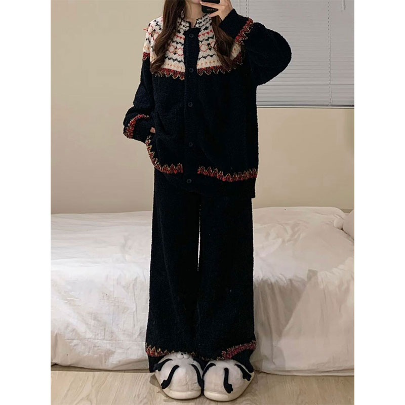 复古费尔岛针织半边绒睡衣女冬季新款开衫洋气保暖加厚家居服套装