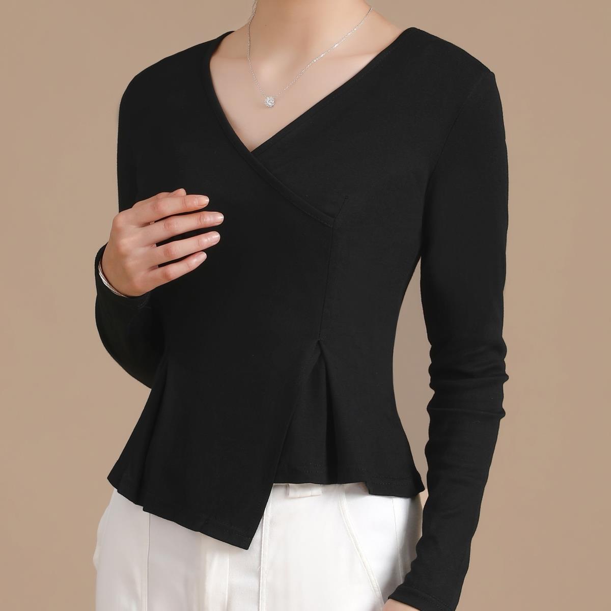 2025秋冬季上衣收腰显瘦简约v领 棉短袖t恤女 时尚百搭上衣修身