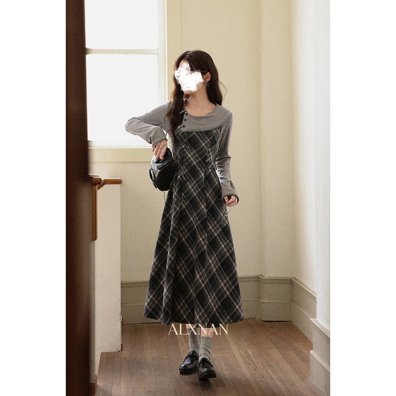 现货【品牌撤柜款ZB】法式复古格子气质A字连衣裙L57506