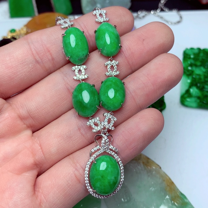 翡翠毛衣链银S925镶嵌