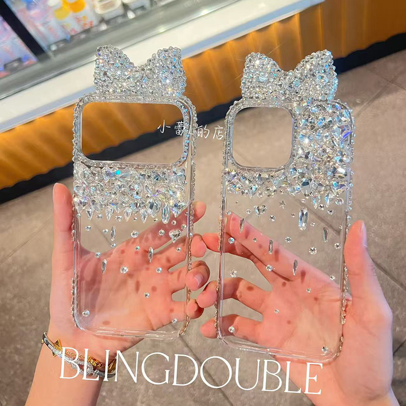 蝴蝶结半面堆钻流苏水钻手机壳15适用16苹果17promax华为mate创意