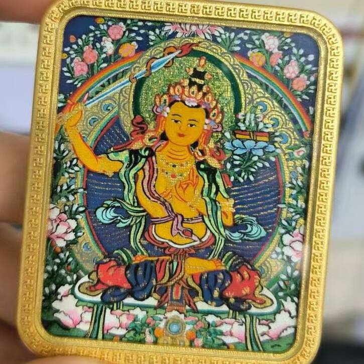 铜合金吊坠 五台山文创 新款纯手绘定制唐卡双面五爷文殊国风吊坠