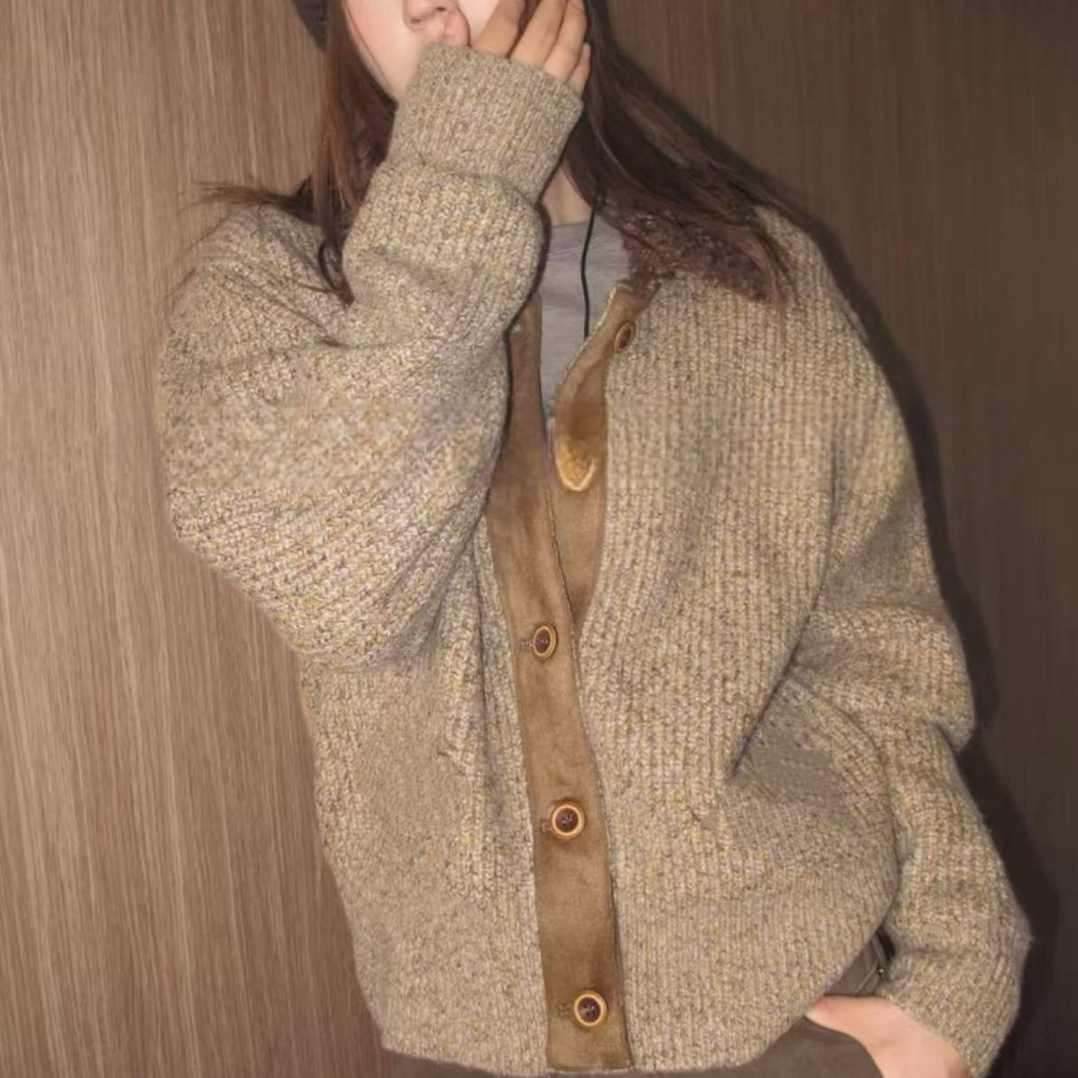 秋冬新款复古花纱毛领宽松软糯针织外套上衣女6983