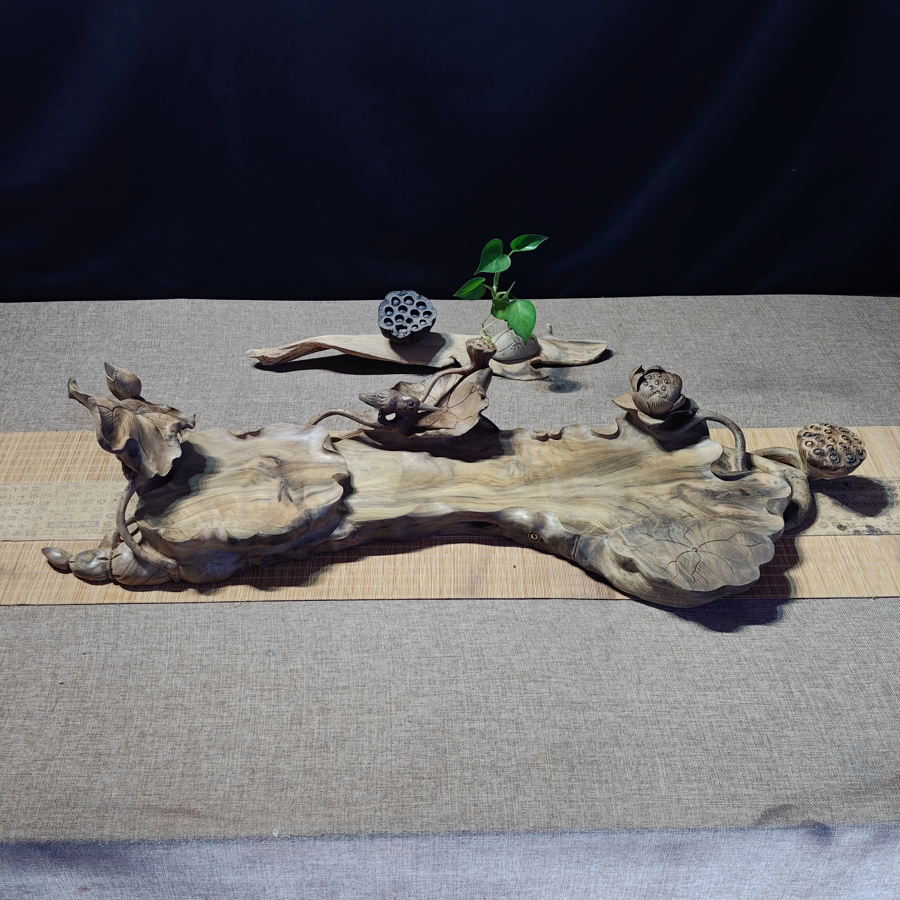 楠木茶盘原木手工茶盘雕刻荷塘月色款家用茶室茶盘，尺寸90*30