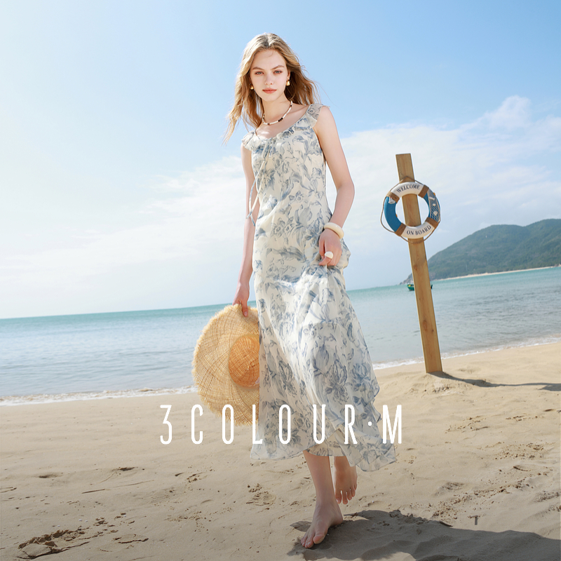 【芋总专属】三彩2025夏季新款雪纺连衣裙无袖荷叶边斜裁A字dbx