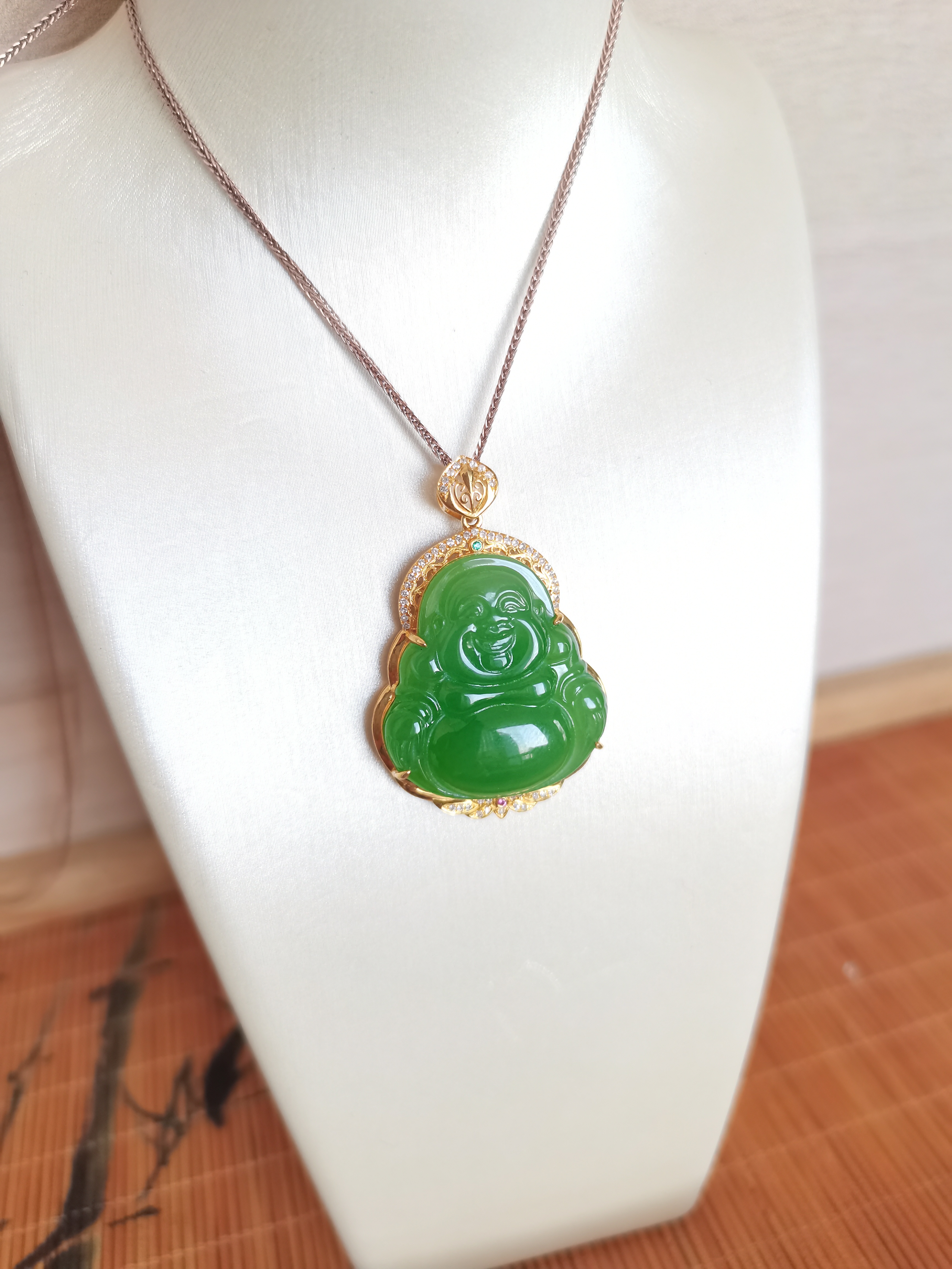 天然和田玉碧玉18k金佛公吊坠保真俄料