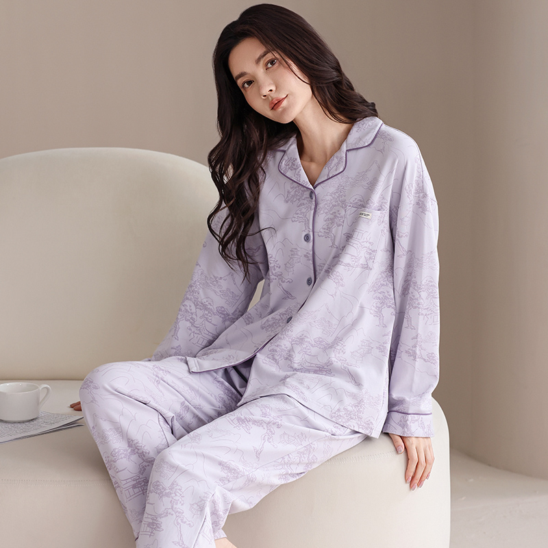 2024新款莉莉女士加厚纯棉紫色国风开衫长袖睡衣家居服套装可外穿