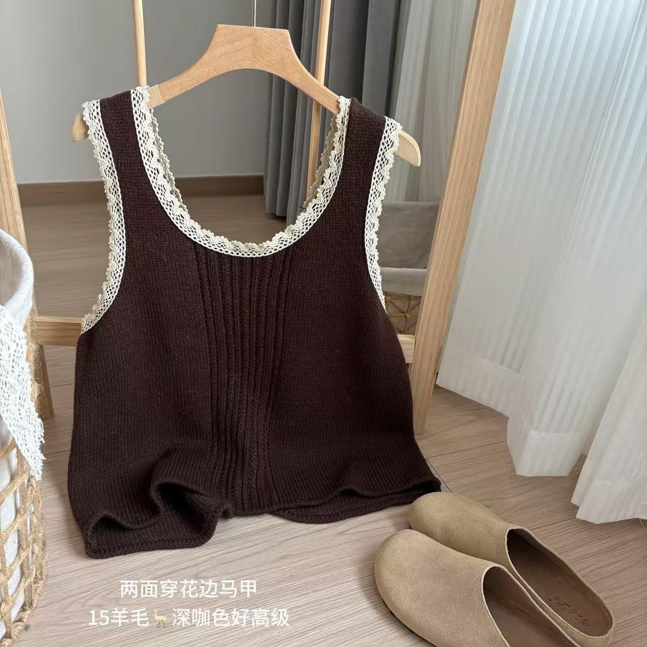 小柒家A0495-花边领开衫通勤风常规款蕾丝马夹花边上衣休闲针织