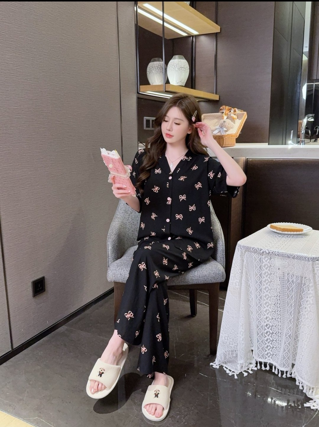 【黑色蝴蝶结】女春夏款绵绸短袖长裤可爱风可外穿睡衣家居服