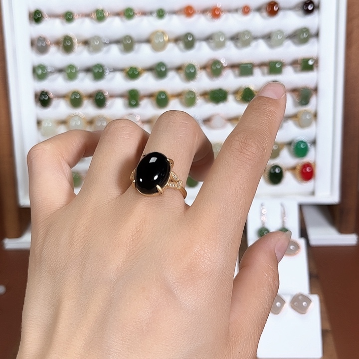 和田玉戒指银S925镀金镶嵌