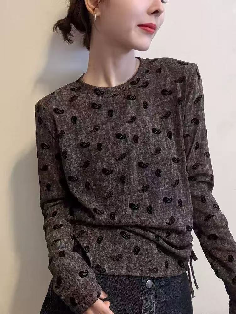显瘦长袖圆领气质女早秋女士扎染T恤常规时尚女士
