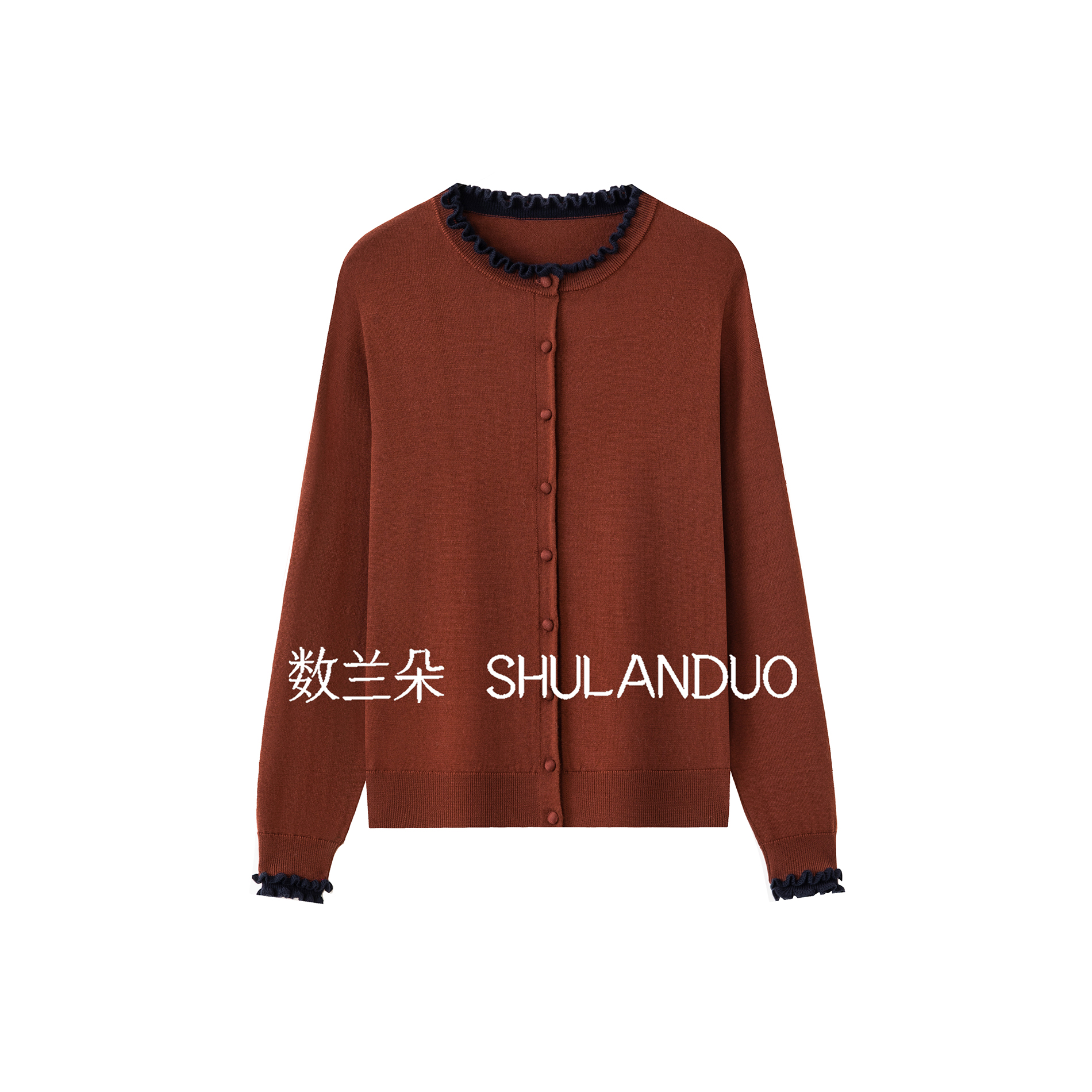 【80支双股精纺】数兰朵优雅温柔撞色花边领羊毛开衫 法式圆领衬衣